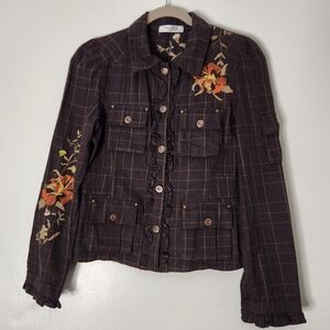 West 36th New York Jacket Women’s Small Brown Plaid Embroidered Floral Ruffle